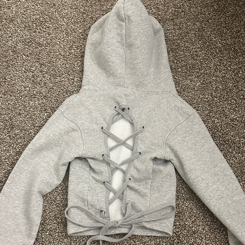 PrettyLittleThing Gray Lace-Up Hoodie Sweater